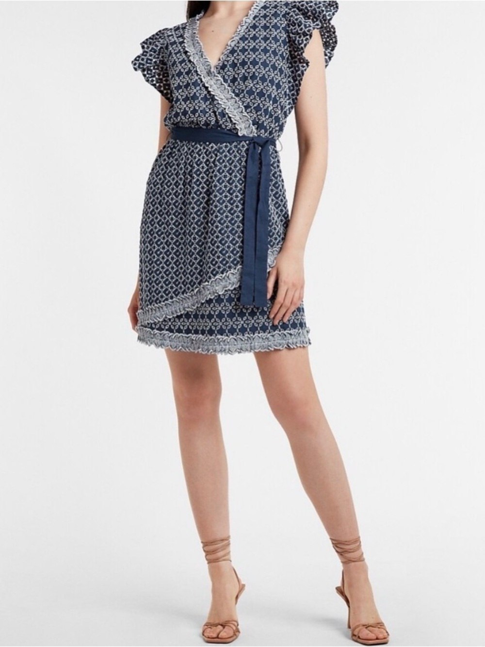 Express Navy Patterned Eyelet Wrap Mini Dress with Tie Belt